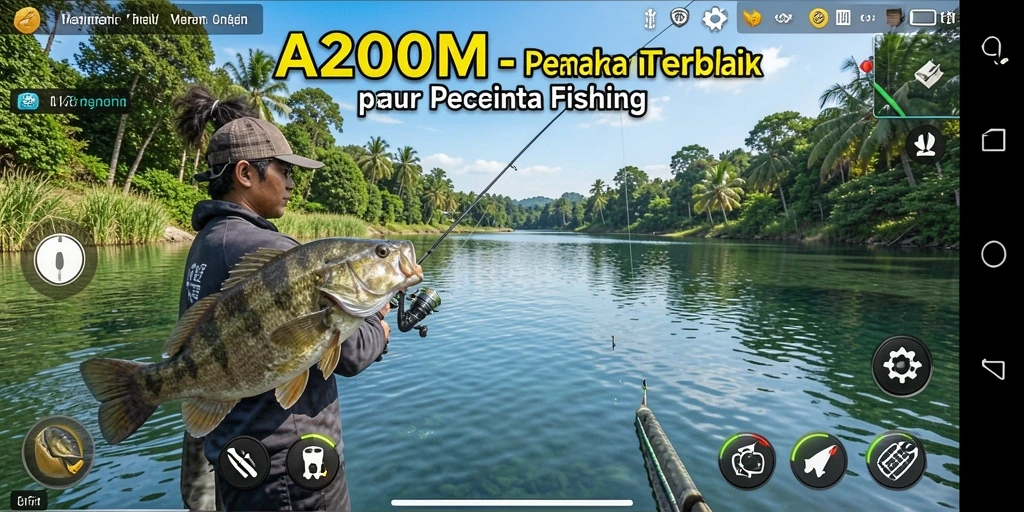 Screenshot menampilkan gameplay seru saat memancing ikan besar di A200M.