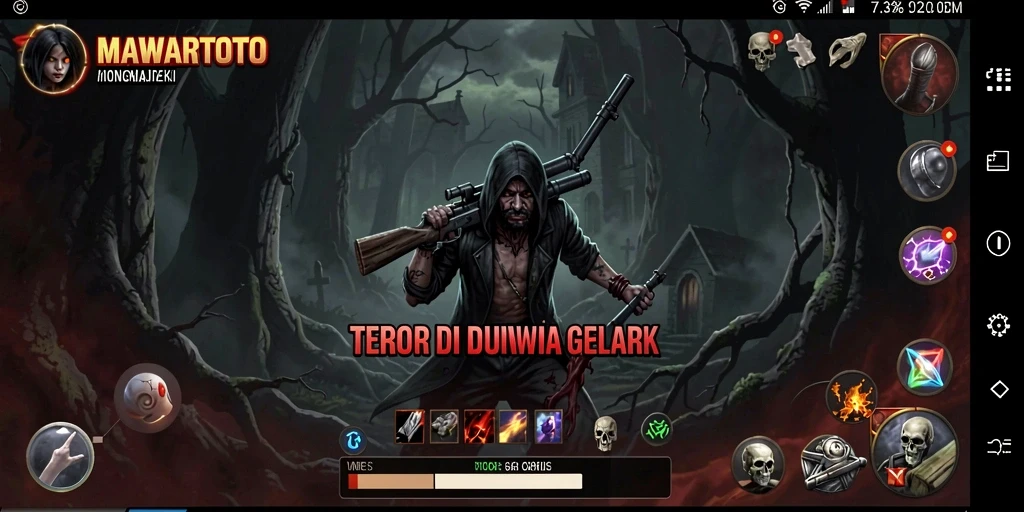 Tampilan gameplay yang mencekam dari MAWARTOTO, penuh dengan teror dan kegelapan.